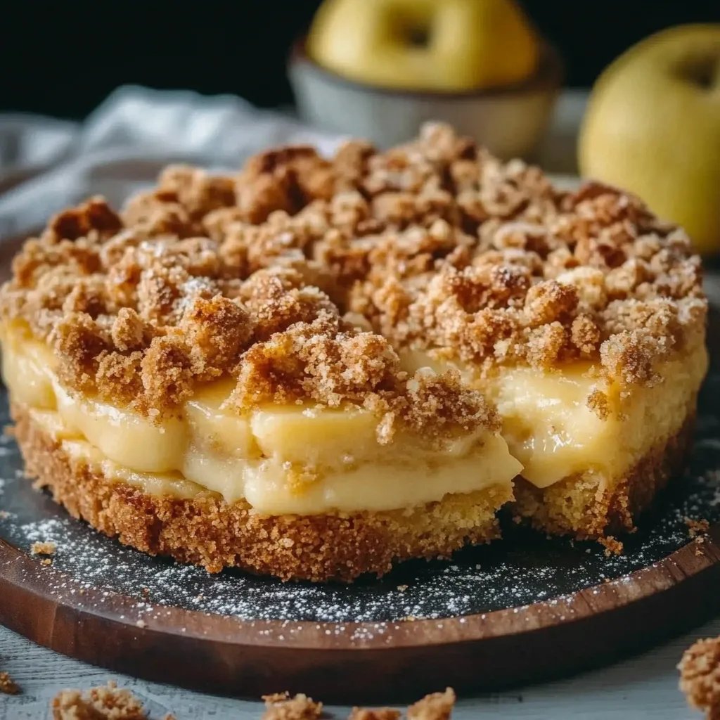 Traditioneller Apfelkuchen mit Pudding und Zimtstreuseln