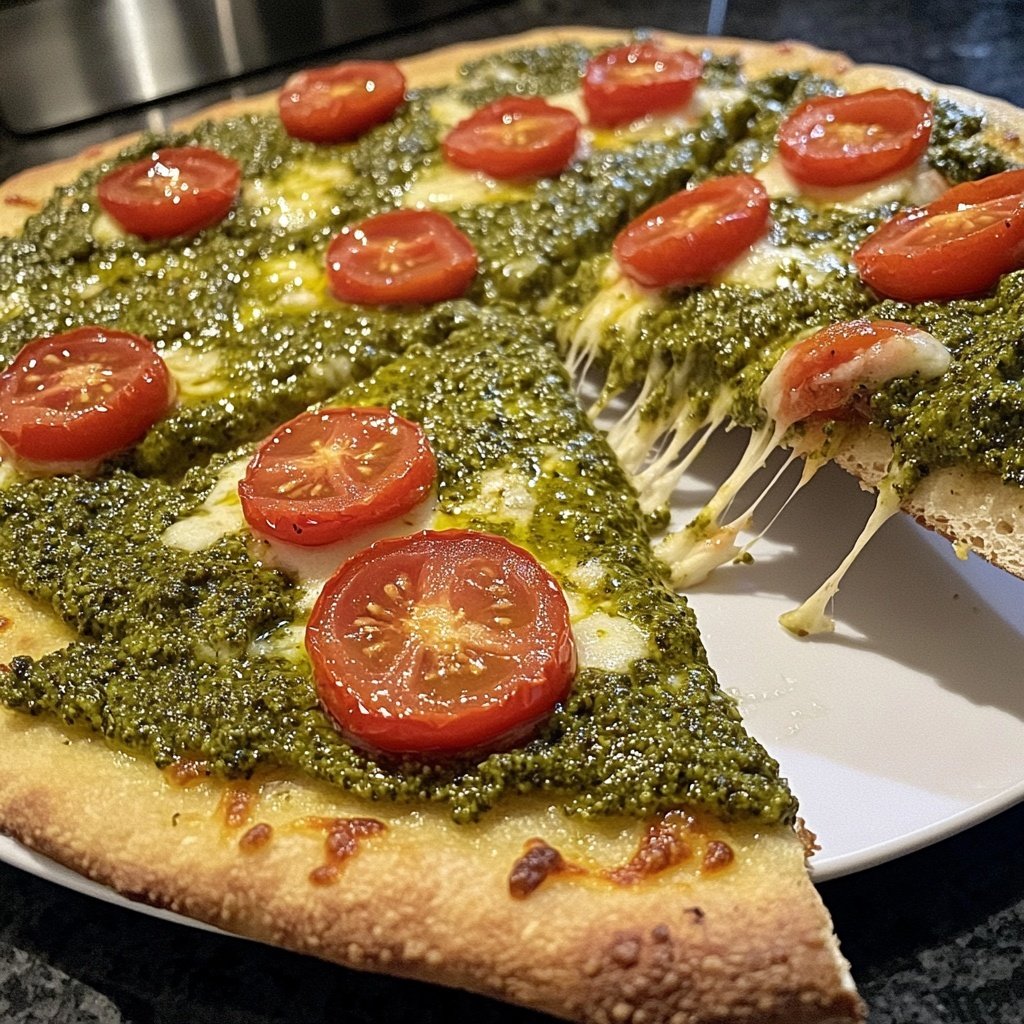 Pizza mit Pesto und Kirschtomaten