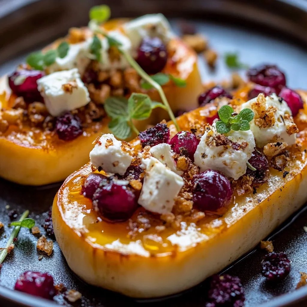 Mit Honig gerösteter Butternusskürbis mit Preiselbeeren und Feta
